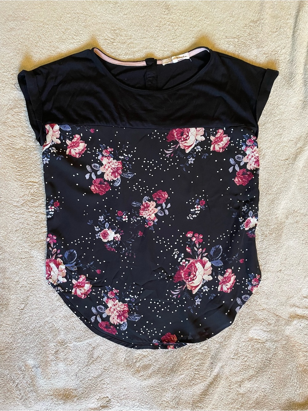 Rewind Women’s Black Floral Cap-Sleeve Top Size Small